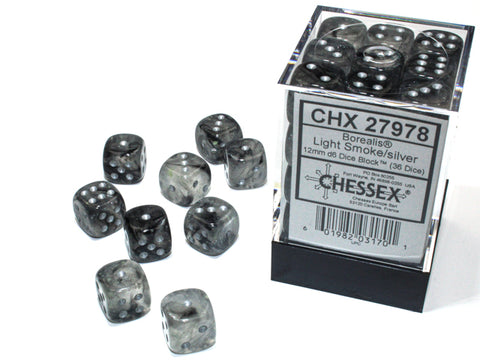 Borealis Light Smoke/silver Luminary 12mm d6 Dice Block (36 dice)