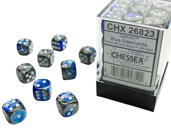 Chessex Gemini- 12mm D6 Dice Block -Blue-Steel/White