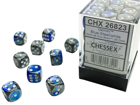 Chessex Gemini- 12mm D6 Dice Block -Blue-Steel/White