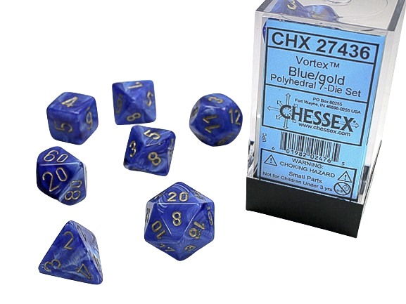 Chessex - Vortex Polyhedral 7 Dice Set Blue Gold