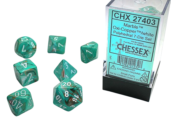 Chessex - Marble Polyhedral 7 Dice Set - Oxi-Copper & White