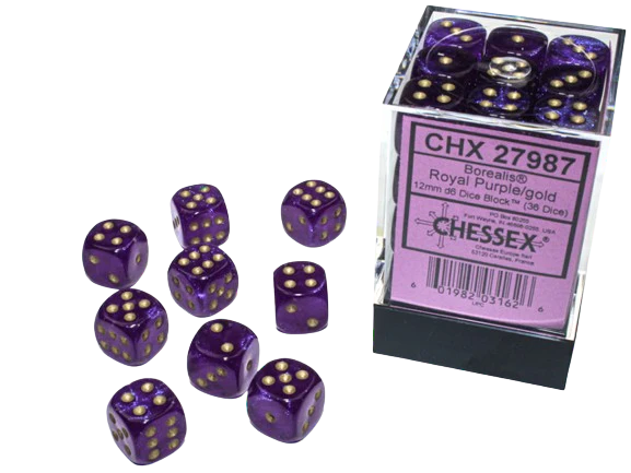 Chessex - Borealis 12mm D6 Dice Block - Luminary Royal Purple & Gold Dice Block