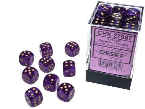 Chessex - Borealis 12mm D6 Dice Block - Luminary Royal Purple & Gold Dice Block