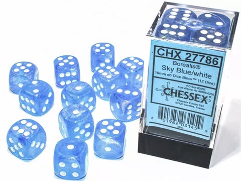 Chessex - Borealis 12mm D6 Dice Sky Blue / White